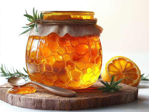 A glass jar of golden honey with honeycomb, garnished with sprigs of rosemary and a fresh lemon half beside it.