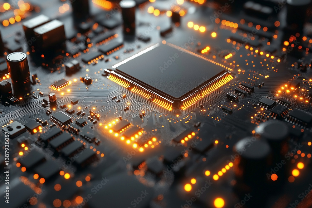 Poster close-up of a high-tech circuit board with glowing orange leds, showcasing intricate details and mod