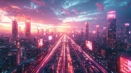 Fototapeta premium Futuristic cityscape at sunrise