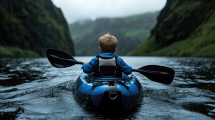Obraz premium Young child kayaking on a serene river amidst dramatic cliffs