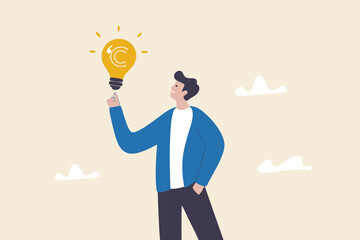 Copyright reserved, trademark intellectual property protection, original idea or innovation, legal or law protection registered concept, businessman holding light bulb idea with copyright symbol.