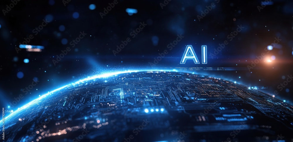 Poster artificial intelligence concept with glowing earth and circuit patterns