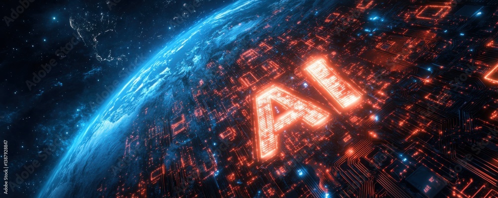 Poster artificial intelligence concept with glowing ai text over a digital earth