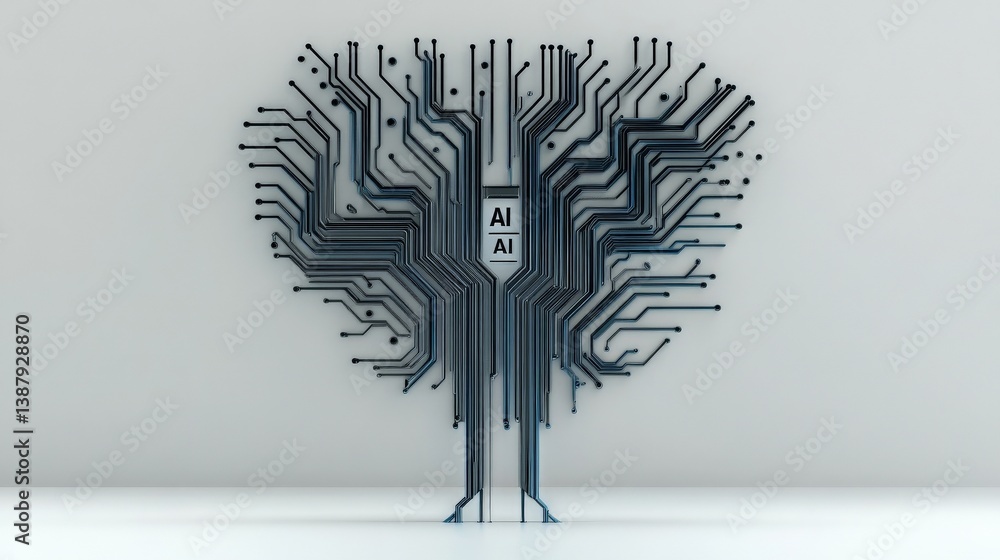 Poster artistic representation of ai technology as a tree circuit design