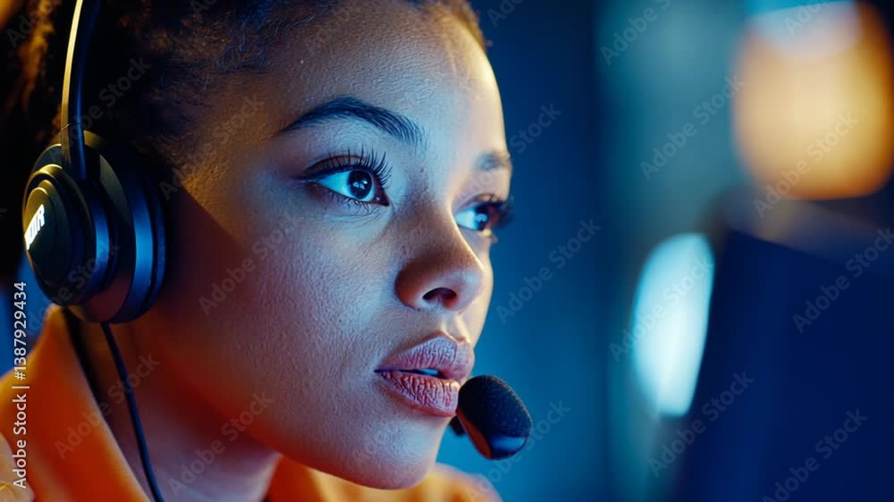 Poster customer service representative assisting clients at a call center generative ai
