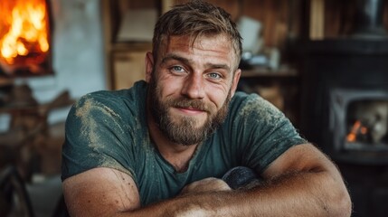 Obraz premium A cheerful man with a beard and dusty clothes sits near a warm fire, radiating happiness and comfort. His relaxed posture and smile evoke feelings of contentment and tranquility.