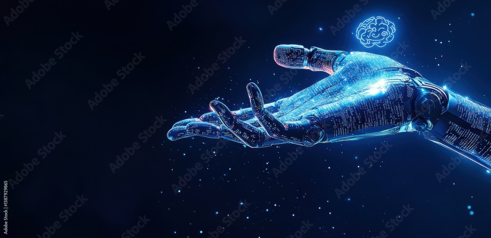 Poster futuristic robotic hand reaching towards digital brain interface in a cosmic setting