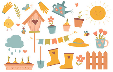 Cute spring set, cartoon flat hand drawn elements. Spring flowers, little chick, watering can, tulips, flowers in pots and seedlings in pots.