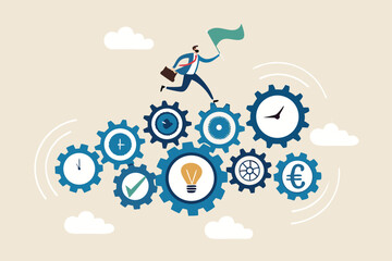 Management or project manager, working process or workflow to success, corporate operation, productivity or efficiency, strategy to achieve target concept, businessman jump on workflow cogwheel gears.