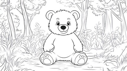 Cute teddy bear in a forest scene, coloring book image, kids