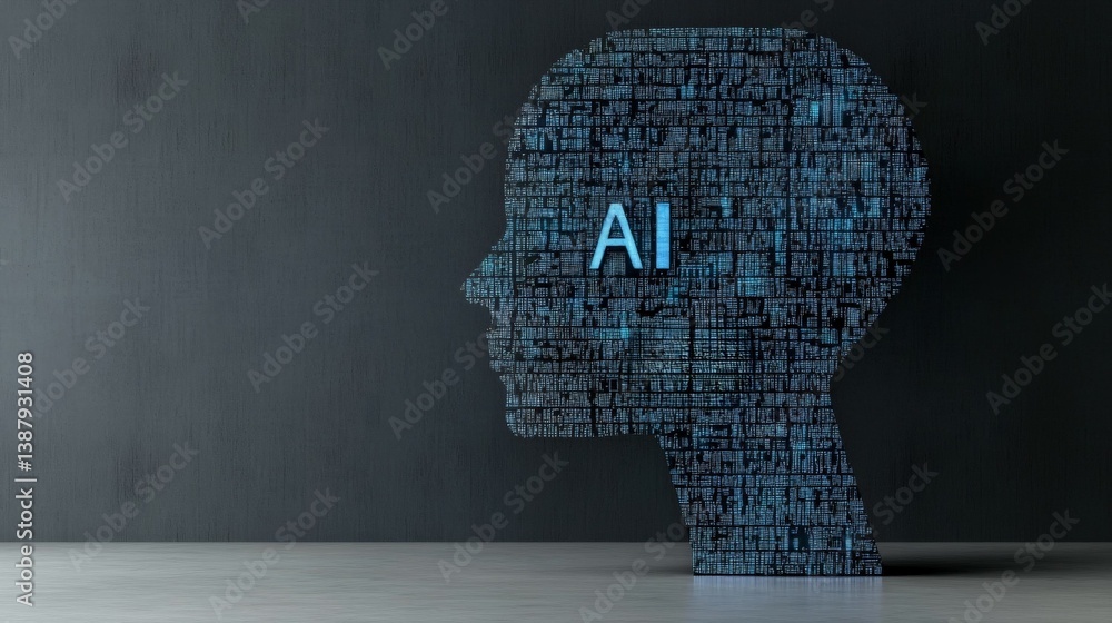 Poster blue ai concept art with digital data representation and profile view