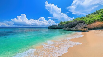 Obraz premium Paradise coastline with clear sea, lush cliffs, and sunny skies. Perfect for travel, vacation, and summer themes.