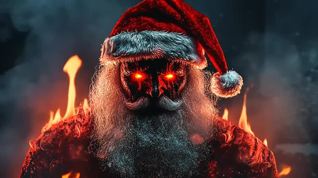 A fiery Santa Claus with glowing eyes stands amidst flames, creating a dramatic holiday scene