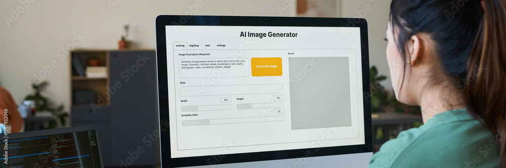 Poster header of young female designer sitting in front of desktop computer with ai image generator on scre