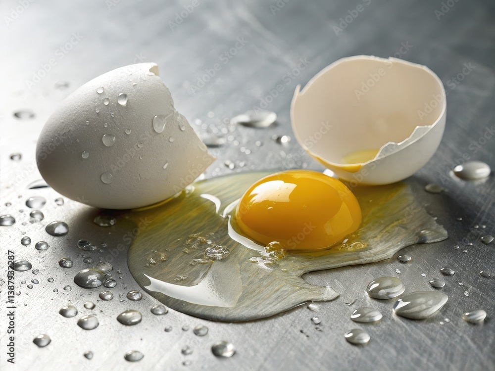 Poster two eggs in their shells on a wet surface, one cracked open revealing the yolk.