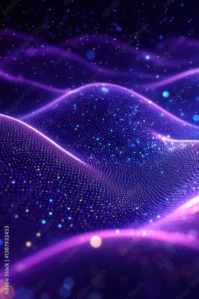 Poster abstract purple wave background with glowing dots and vibrant patterns