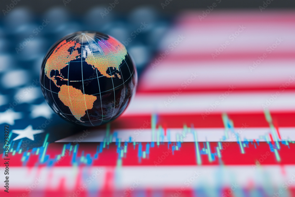 Poster globe is placed on top of a red, white and blue american flag. the globe is surrounded by a series o