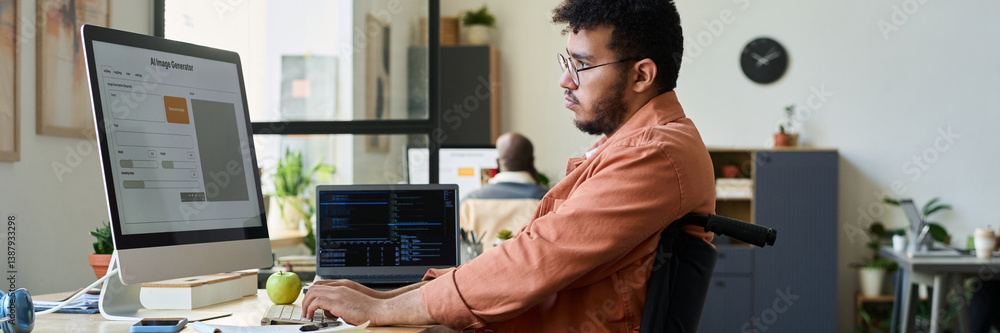 Poster Header of young multiethnic man with disability sitting in wheelchair and typing on keyboard while using AI image generator