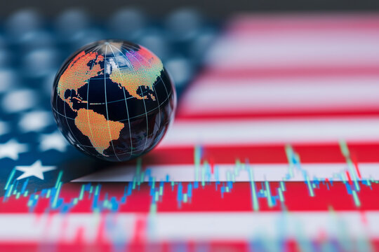 globe is placed on top of a red, white and blue American flag. The globe is surrounded by a series of lines that appear to be stock market graphs. Concept of global interconnectedness