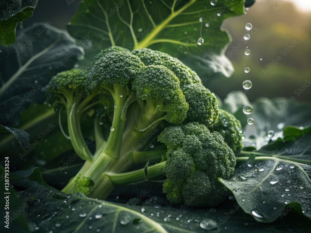 Poster  A close-up image of fresh broccoli florets in the foreground with droplets on them, set against a blurred background of green leaves.