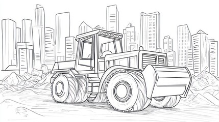 Tractor in city construction site, illustration