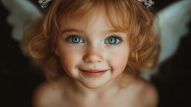 Portrait of a smiling little girl with curly blonde hair and bright blue eyes, dressed as an angel with soft white wings and a sparkly headband, glowing with innocence and joy