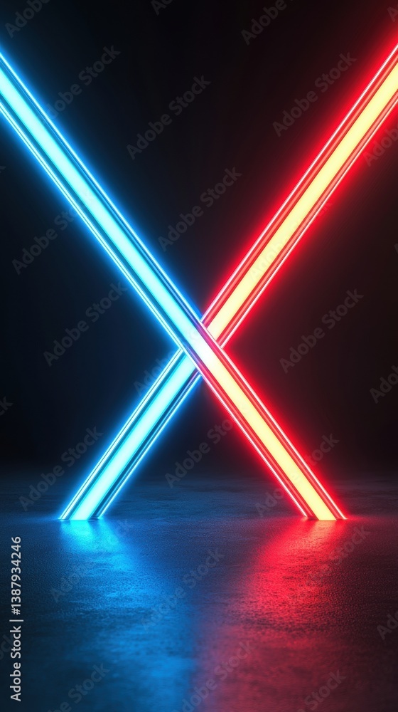 Poster a striking visual featuring intersecting blue and red neon lights against a dark background, creatin