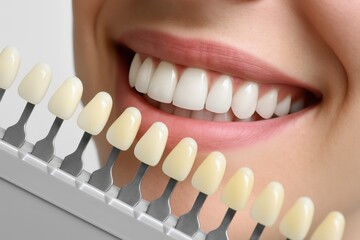 Dentist matching woman teeth shade with palette in dental clinic