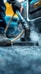 Outdoor carpet cleaning with steam cleaner