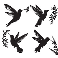 Obraz premium Hummingbird Silhouette | Hovering Bird Drinking Nectar, Delicate Flying Wildlife Vector