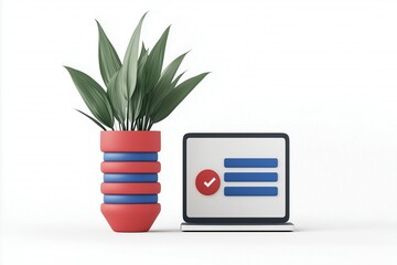 Online Course Enrollment Concept with Laptop and Decorative Plant on Minimalist Background