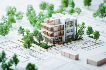 Architectural blueprints highlighting green construction techniques and sustainable building practices