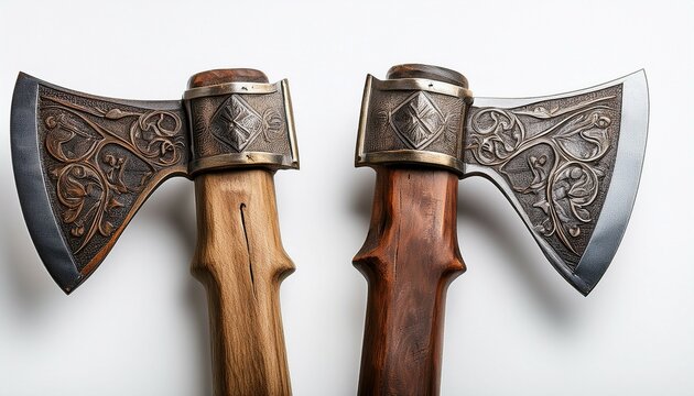 two vintage axes with wooden handles displayed on a white background
