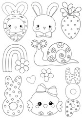 Cute spring cartoon animal doodle, Easter egg, retro easter, Easter bunny and chick
