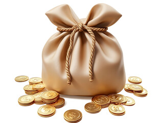 Detailed Beige Sack Tied with Rope Surrounded by Golden Coins on Transparent Background