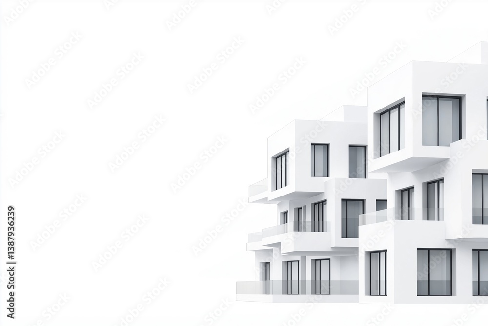 Poster modern minimalist condo architecture with clean lines and large windows against a white background