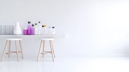 A white table displays various bottles and a vase. Two simple wooden stools flank it. The setting is minimalist, with a bright white background. The image is clean and crisp, likely digitally rendere