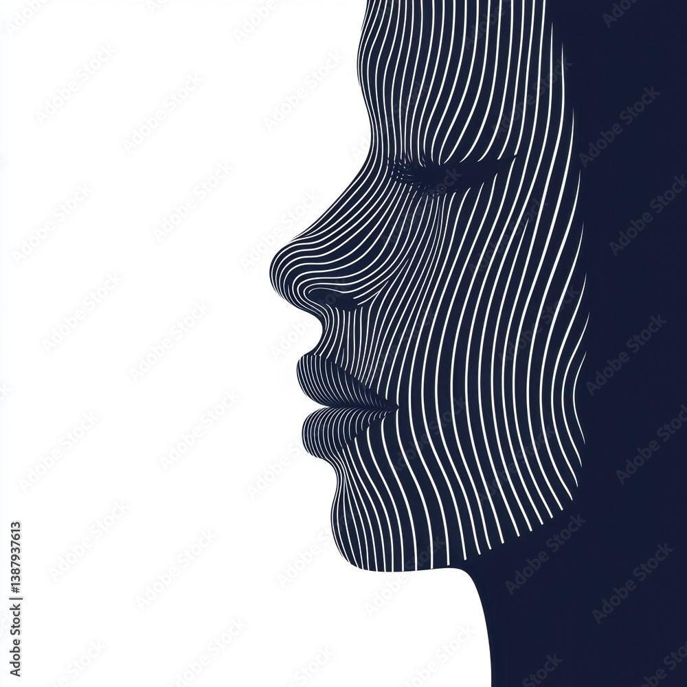 Poster a minimalist illustration of a woman's profile, featuring intricate line patterns that create a stri