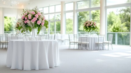 A large, white tablecloth covers a round table, adorned with a beautiful centerpiece of pink roses and greenery. Another similar table is visible in the background, with silver chairs around both. Th