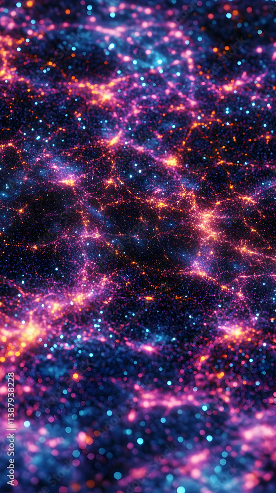 Poster vibrant cosmic background of shimmering stars and nebula-like patterns in deep space
