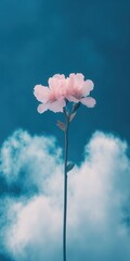 Fototapeta premium Spring Awakening: Serene Blue Background with Dreamy Clouds and Blossoming Flowers
