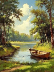Obraz premium Serene Riverboat Scene - A tranquil painting of a small wooden boat gently resting on a calm river, surrounded by lush greenery and a picturesque landscape