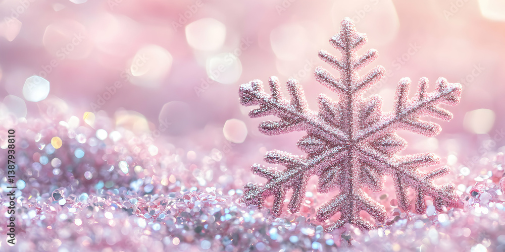 Poster delicate pink snowflake glittering on soft background with bokeh lights