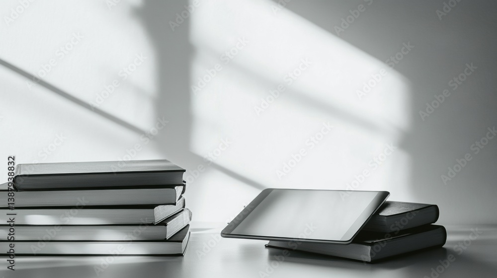 Aufkleber stylish monochrome education-themed background featuring books and a digital tablet with an elegant 