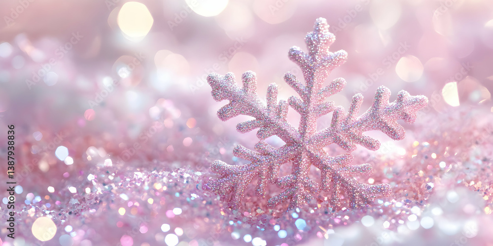 Poster delicate pink snowflake on sparkling glitter background with bokeh lights