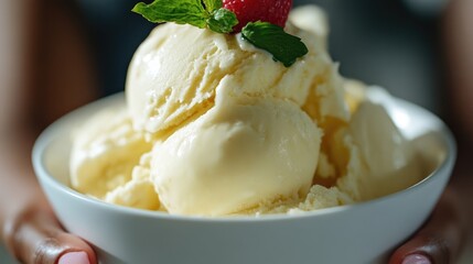Creamy vanilla ice cream in a bowl. Topped with fresh berries and mint