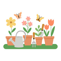 Spring Garden Tools and Plants Flat Style Vector Illustration

