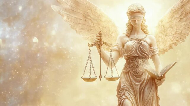 Golden angel of justice with blindfold and wings holding scales and book, standing in sparkling divine light representing fairness and law