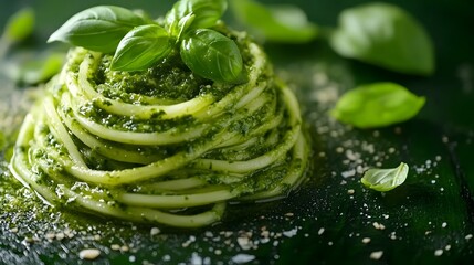 Delightful Zucchini Noodle Masterpiece Adorned with Lush Basil and Vibrant Pesto on a Stylish Green Setting Celebrating Culinary Art and Healthy Choices