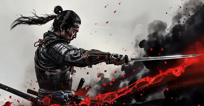 Strong warrior with sword video black outfit video red splatters video samurai pose video dramatic battle video blood splatter video action scene video background mp4